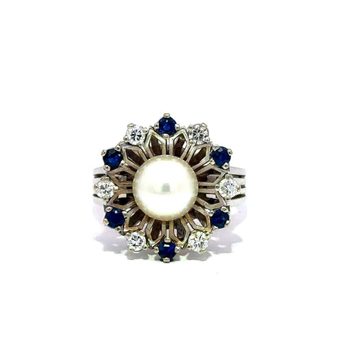Bague 54 Bague vintage en or 14 carats, perle naturelle, saphirs et diamants 58 Facettes 50549