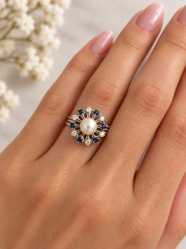 Bague 54 Bague vintage en or 14 carats, perle naturelle, saphirs et diamants 58 Facettes 50549