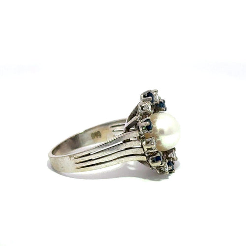 Bague 54 Bague vintage en or 14 carats, perle naturelle, saphirs et diamants 58 Facettes 50549