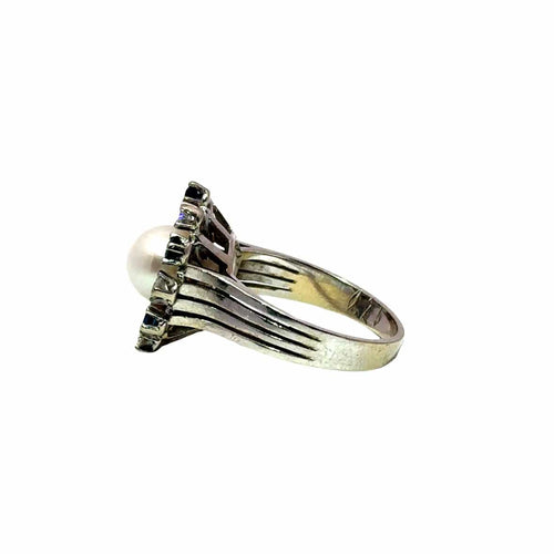 Bague 54 Bague vintage en or 14 carats, perle naturelle, saphirs et diamants 58 Facettes 50549