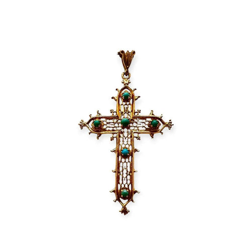 Pendentif Pendentif croix en or jaune 750 et turquoises 58 Facettes 330104386