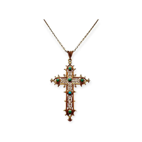 Pendentif Pendentif croix en or jaune 750 et turquoises 58 Facettes 330104386