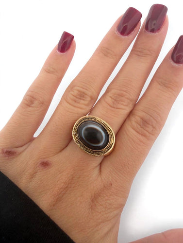 Bague 52 Bague vintage Œil tibétain en or 18 kt avec agate noire 58 Facettes 610/26 A SHD