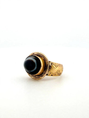 Bague 52 Bague vintage Œil tibétain en or 18 kt avec agate noire 58 Facettes 610/26 A SHD