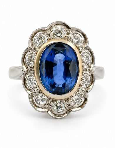 Bague 46 Bague marguerite en platine 950, saphir de Ceylan non chauffé et diamants 58 Facettes 13357