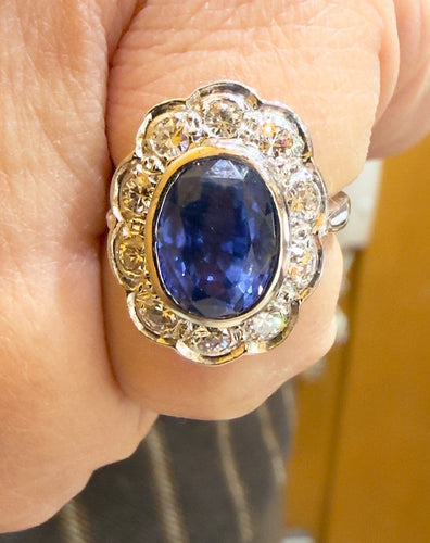 Bague 46 Bague marguerite en platine 950, saphir de Ceylan non chauffé et diamants 58 Facettes 13357