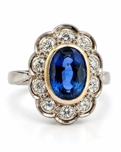 Bague 46 Bague marguerite en platine 950, saphir de Ceylan non chauffé et diamants 58 Facettes 13357