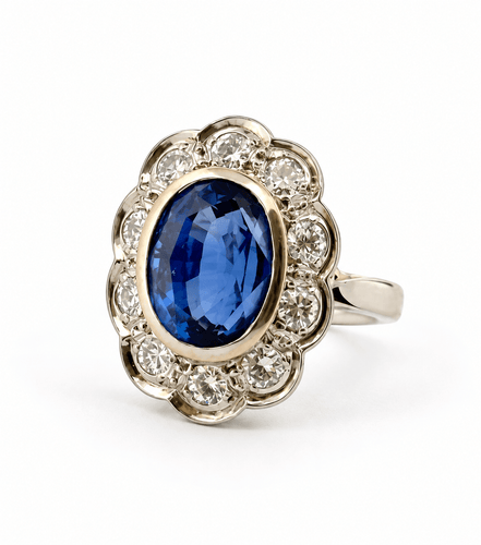 Bague 46 Bague marguerite en platine 950, saphir de Ceylan non chauffé et diamants 58 Facettes 13357