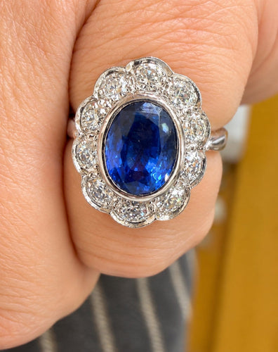 Bague 46 Bague marguerite en platine 950, saphir de Ceylan non chauffé et diamants 58 Facettes 13357