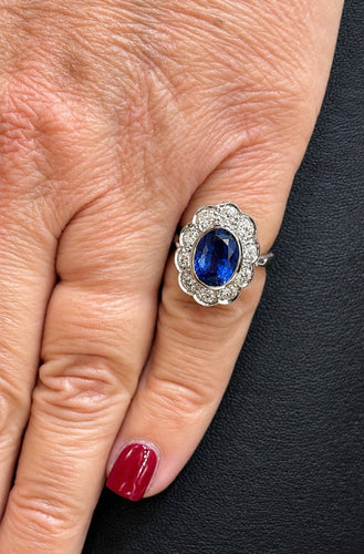 Bague 46 Bague marguerite en platine 950, saphir de Ceylan non chauffé et diamants 58 Facettes 13357
