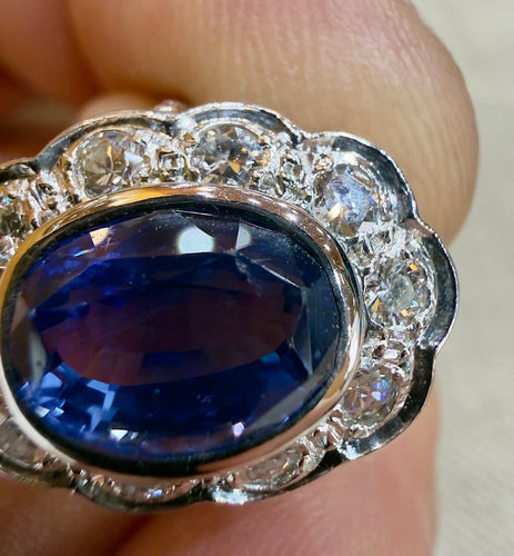 Bague 46 Bague marguerite en platine 950, saphir de Ceylan non chauffé et diamants 58 Facettes 13357