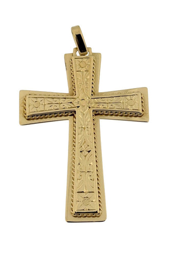 Croix italienne - Or jaune 18 carats, motifs floraux et reliefs 58 Facettes P1917