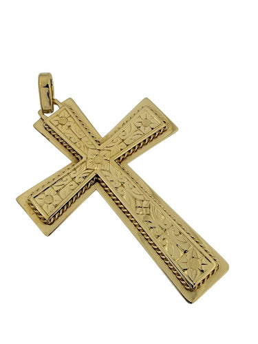 Croix italienne - Or jaune 18 carats, motifs floraux et reliefs 58 Facettes P1917