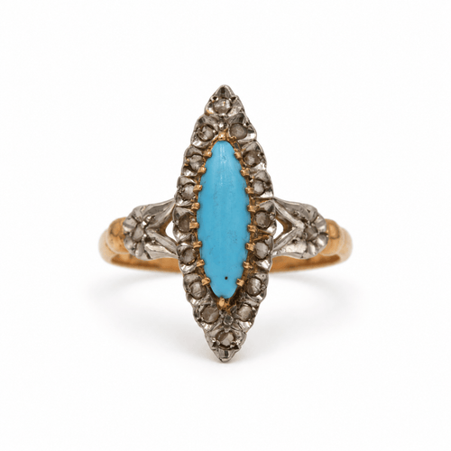 Bague 56 Bague marquise Belle Époque en or rose et blanc 750‰, turquoise et diamants 58 Facettes 260050SP