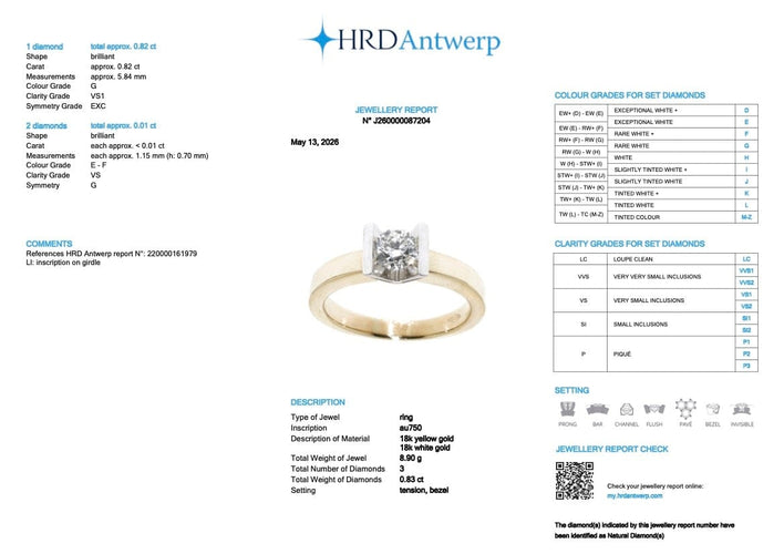 Bague 60 Bague de fiançailles italienne - Or jaune et blanc 18 carats, rapport HRD 58 Facettes A2113