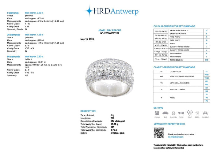 Bague 59 Bague italienne certifiée HRD en or blanc 18 carats, 141 diamants naturels, 4,75 ct 58 Facettes A2114