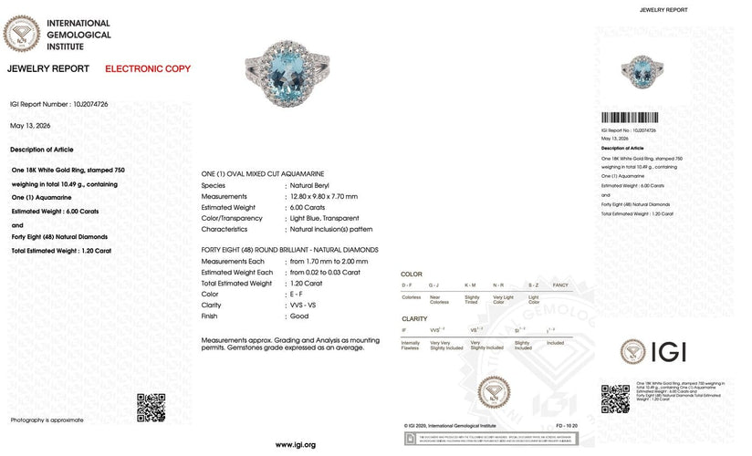 Bague 57 Bague cocktail italienne certifiée IGI en or blanc 18 carats, aigue-marine et diamants naturels 58 Facettes A2116