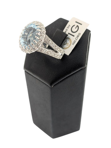 Bague 57 Bague cocktail italienne certifiée IGI en or blanc 18 carats, aigue-marine et diamants naturels 58 Facettes A2116