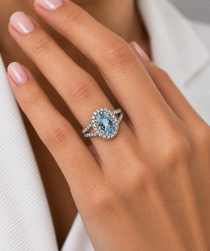 Bague 57 Bague cocktail italienne certifiée IGI en or blanc 18 carats, aigue-marine et diamants naturels 58 Facettes A2116