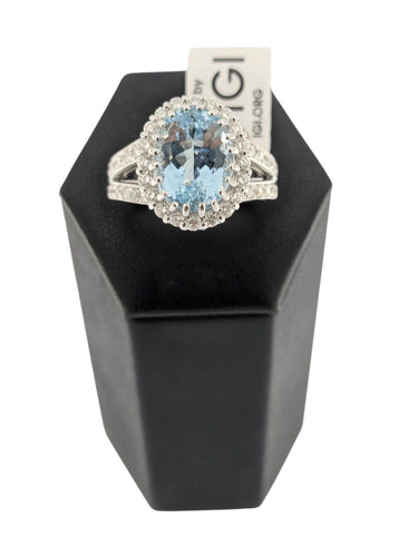 Bague 57 Bague cocktail italienne certifiée IGI en or blanc 18 carats, aigue-marine et diamants naturels 58 Facettes A2116