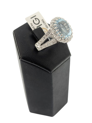Bague 57 Bague cocktail italienne certifiée IGI en or blanc 18 carats, aigue-marine et diamants naturels 58 Facettes A2116