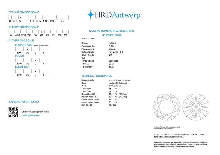 Pierre - Diamant naturel certifié HRD, 0,88 ct 58 Facettes D1512