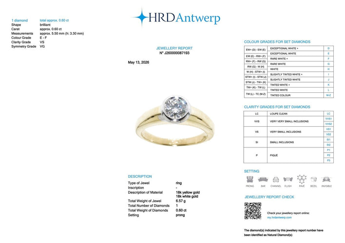 Bague 53 Bague de fiançailles certifiée HRD en or jaune et blanc 18 carats 58 Facettes A2133