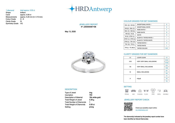 Bague 56 Bague de fiançailles en or blanc 18 carats avec diamant naturel certifié HRD 58 Facettes A2130