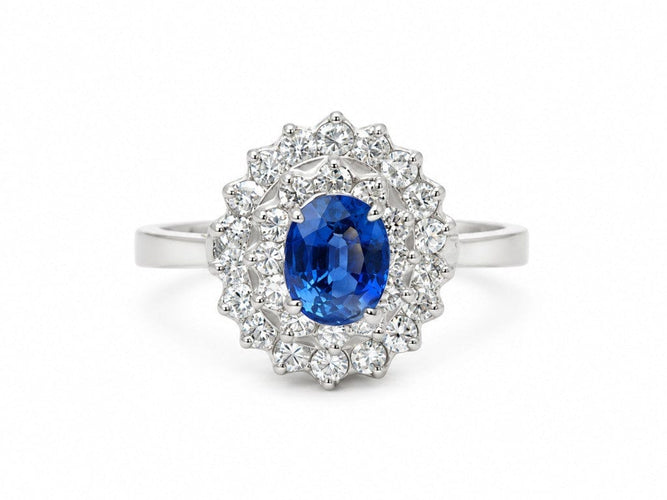 Bague 55 Bague double entourage en or blanc, saphir ovale 0,85 ct et diamants 0,50 ct 58 Facettes 32091