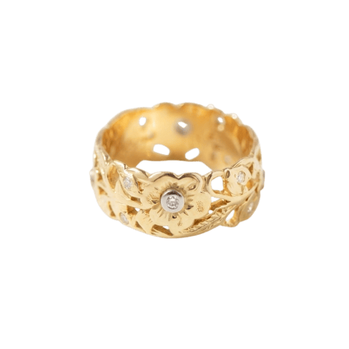Bague 54 Bague ancienne à motif floral en or jaune 585 et diamants taille rose 58 Facettes HJ062656