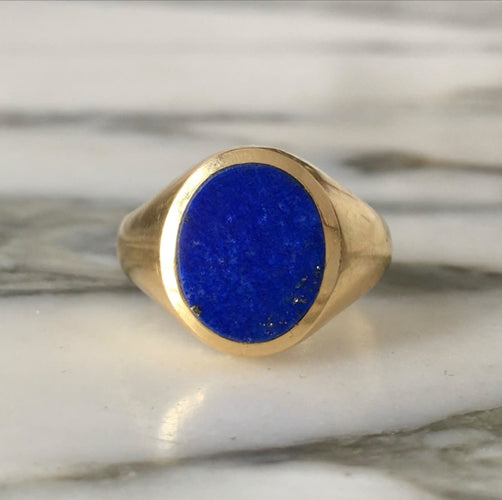 Bague 59.5 Bague chevalière en or jaune 18k avec lapis-lazuli 58 Facettes 310