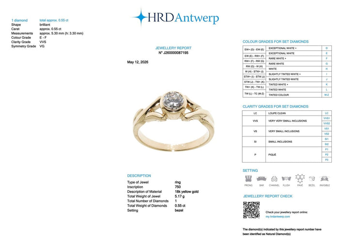 Bague 56 Bague de fiançailles italienne - Solitaire en diamant, or jaune 18 carats, certifiée HRD 58 Facettes A2125