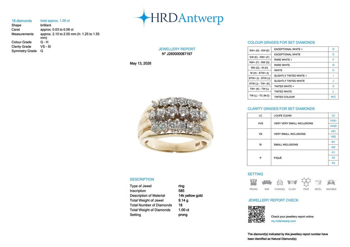 Bague 57 Bague cocktail allemande en or jaune 14 carats et diamants, certifiée HRD 58 Facettes A2124