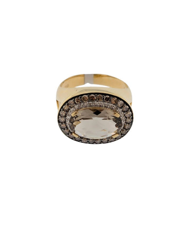 Bague 54 Bague cocktail certifiée IGI en or jaune et blanc 18 carats, quartz et diamants 58 Facettes A2120