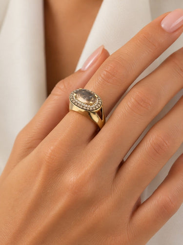 Bague 54 Bague cocktail certifiée IGI en or jaune et blanc 18 carats, quartz et diamants 58 Facettes A2120