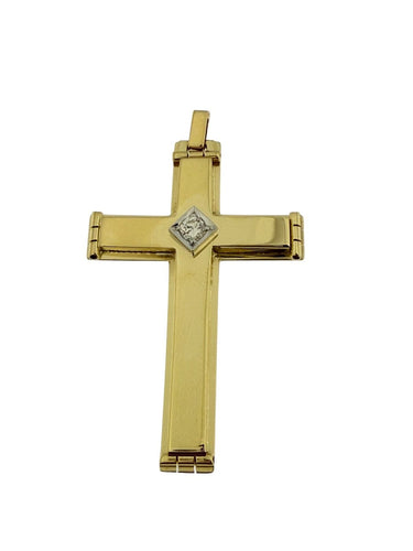 Croix vintage française en or 18 carats jaune et blanc avec diamant 58 Facettes P1919