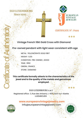 Croix vintage française en or 18 carats jaune et blanc avec diamant 58 Facettes P1919