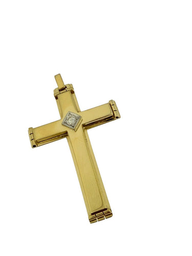 Croix vintage française en or 18 carats jaune et blanc avec diamant 58 Facettes P1919