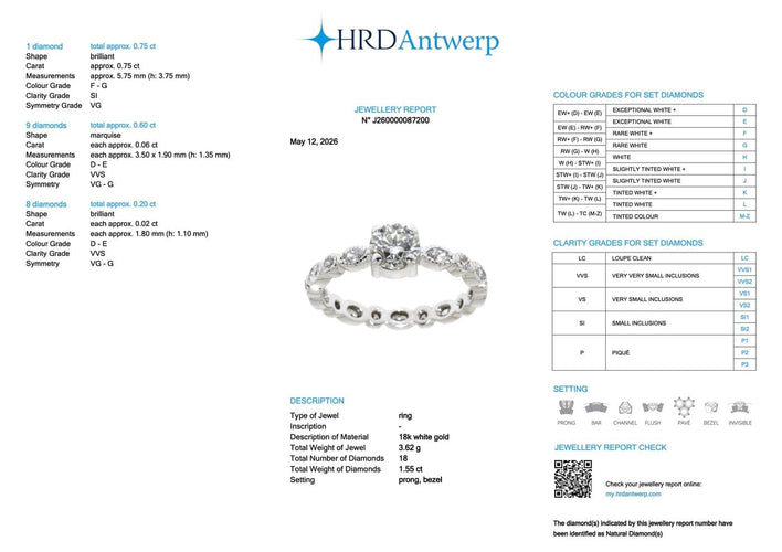 Bague 56 Bague de fiançailles française certifiée HRD en or blanc 18 carats, sertie de diamants 58 Facettes A2119