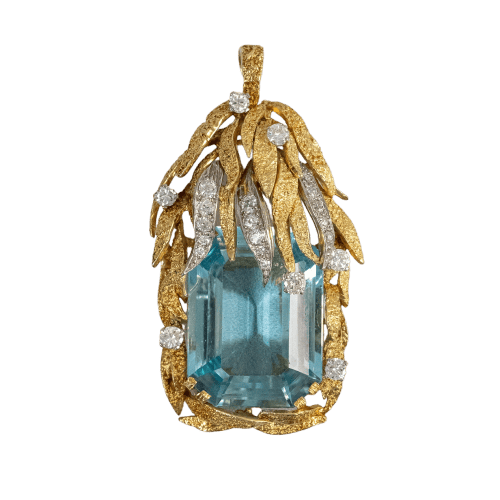 Pendentif Pendentif vintage des années 1970 en or jaune 18 carats, aigue-marine et diamants 58 Facettes