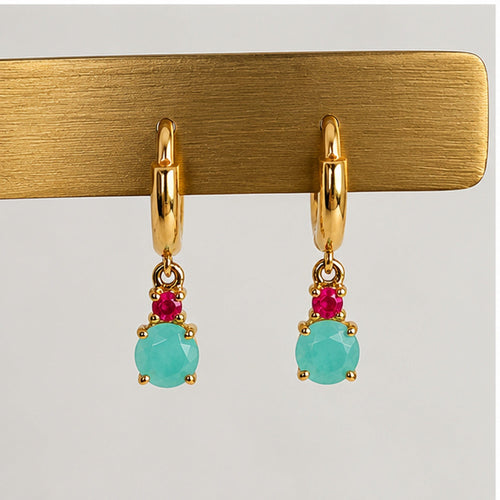 Boucles d'oreilles Boucles d’oreilles créoles en or jaune 18k, turquoise et rubis 58 Facettes 2601016