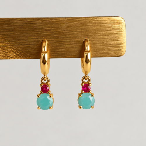 Boucles d'oreilles Boucles d’oreilles créoles en or jaune 18k, turquoise et rubis 58 Facettes 2601016
