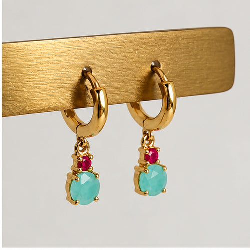 Boucles d'oreilles Boucles d’oreilles créoles en or jaune 18k, turquoise et rubis 58 Facettes 2601016