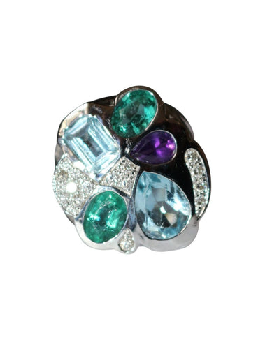 Bague 50 Bague en or blanc 750/1000, aigues-marines, émeraudes, améthyste et diamants 58 Facettes 8