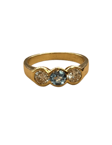 Bague 51.5 Bague trilogie en or jaune 18 ct, diamants et topaze bleue 58 Facettes CV-152