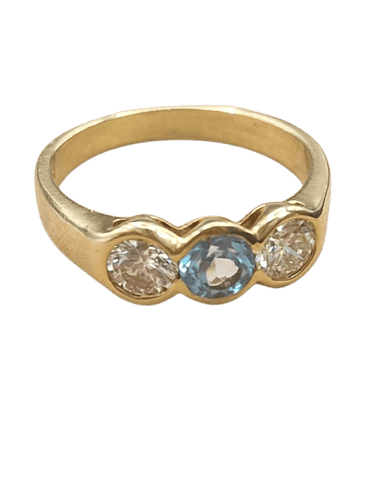 Bague 51.5 Bague trilogie en or jaune 18 ct, diamants et topaze bleue 58 Facettes CV-152
