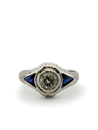 Bague 61 Bague Art déco en or blanc 18k avec diamant taille ancienne et saphirs 58 Facettes 562/26 B
