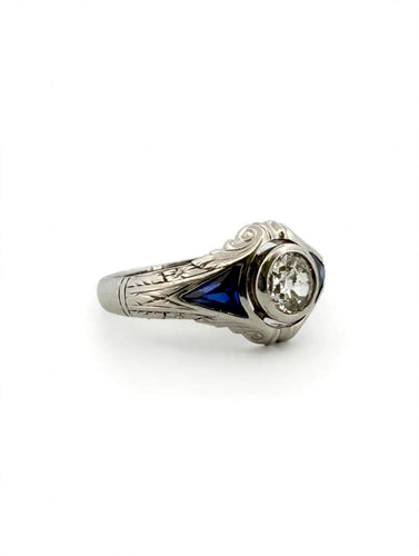 Bague 61 Bague Art déco en or blanc 18k avec diamant taille ancienne et saphirs 58 Facettes 562/26 B