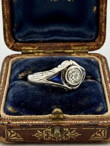 Bague 61 Bague Art déco en or blanc 18k avec diamant taille ancienne et saphirs 58 Facettes 562/26 B