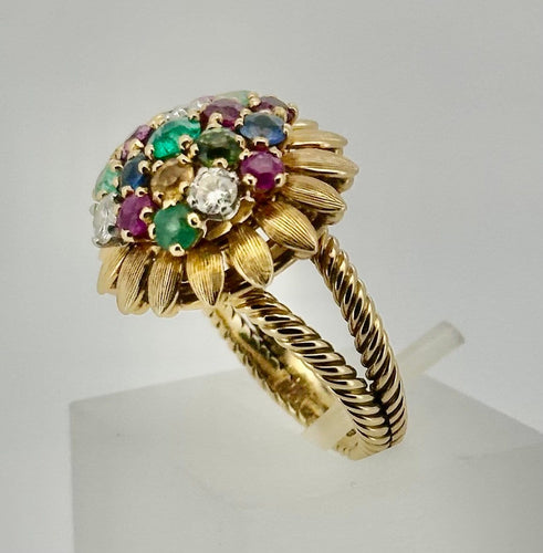 Bague 53 Bague fleur en or 18 carats, diamants, saphirs, émeraudes et pierres fines 58 Facettes Bague Fleur